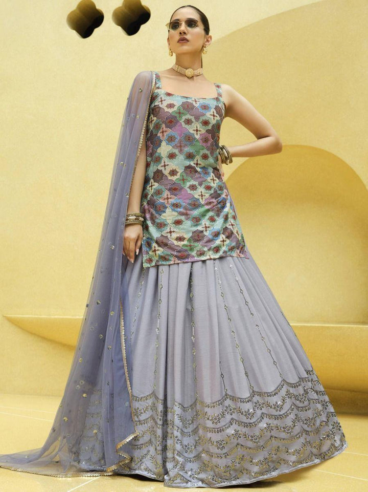 Lavender Sequins Embroidered Chinon Silk Lehenga Choli With Dupatta