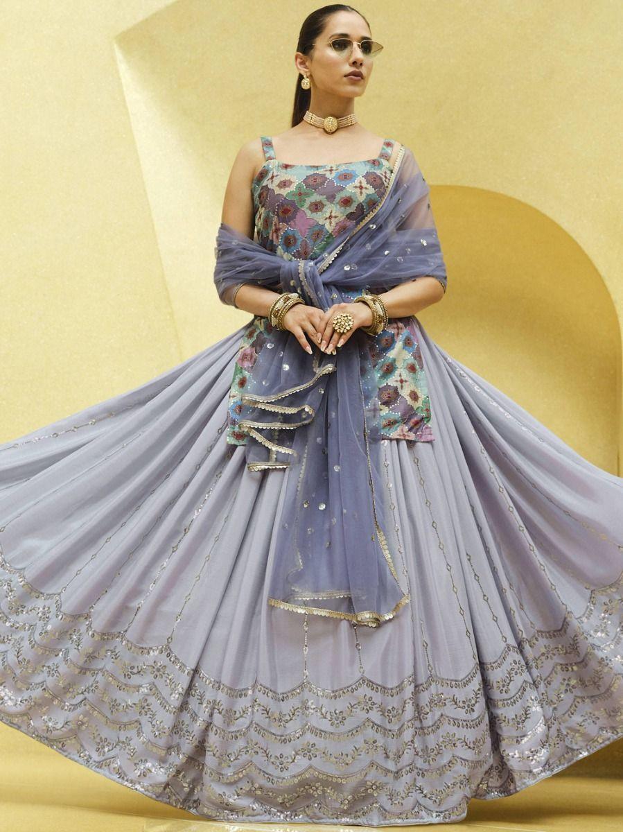 Lavender Sequins Embroidered Chinon Silk Lehenga Choli With Dupatta
