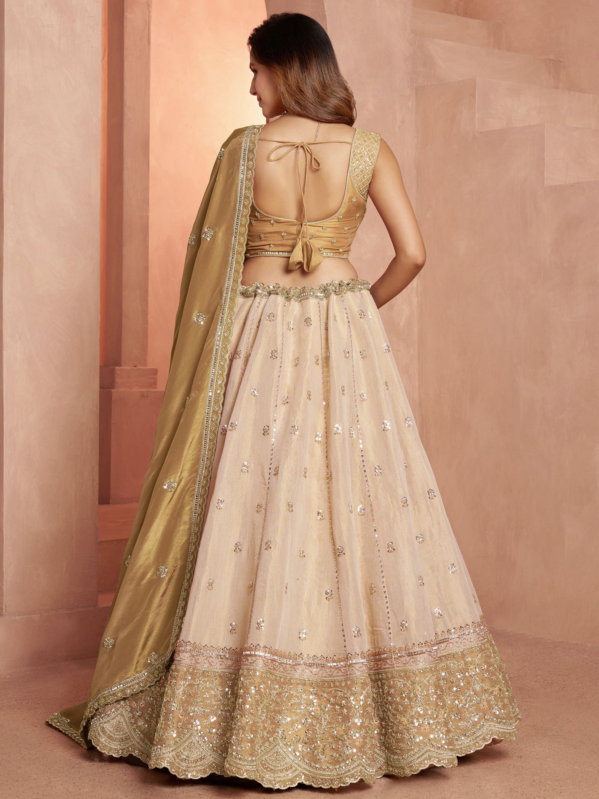 Elegant Gold Embroidered Tissue Wedding Wear Lehenga Choli With Dupatta