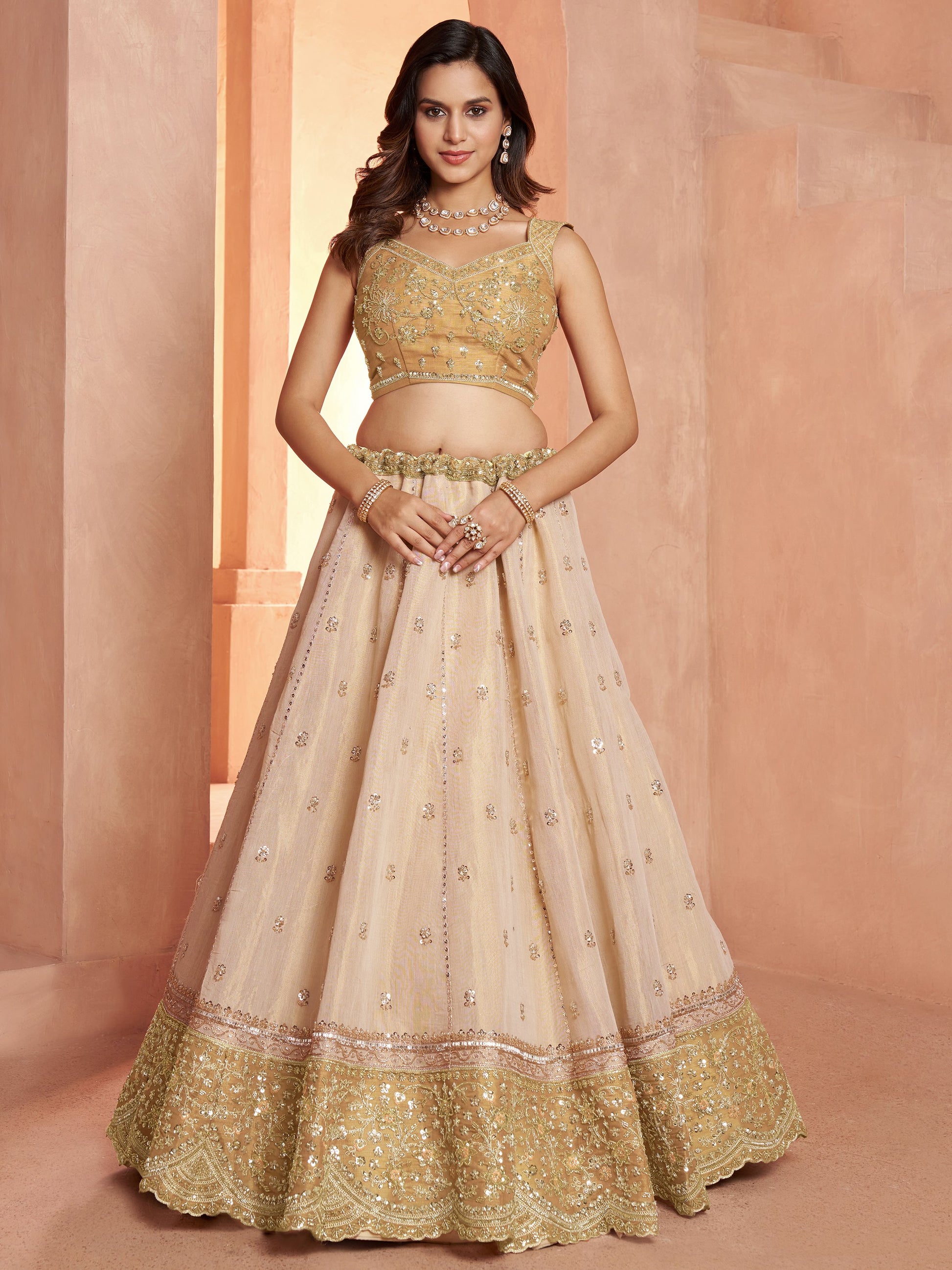 Elegant Gold Embroidered Tissue Wedding Wear Lehenga Choli With Dupatta