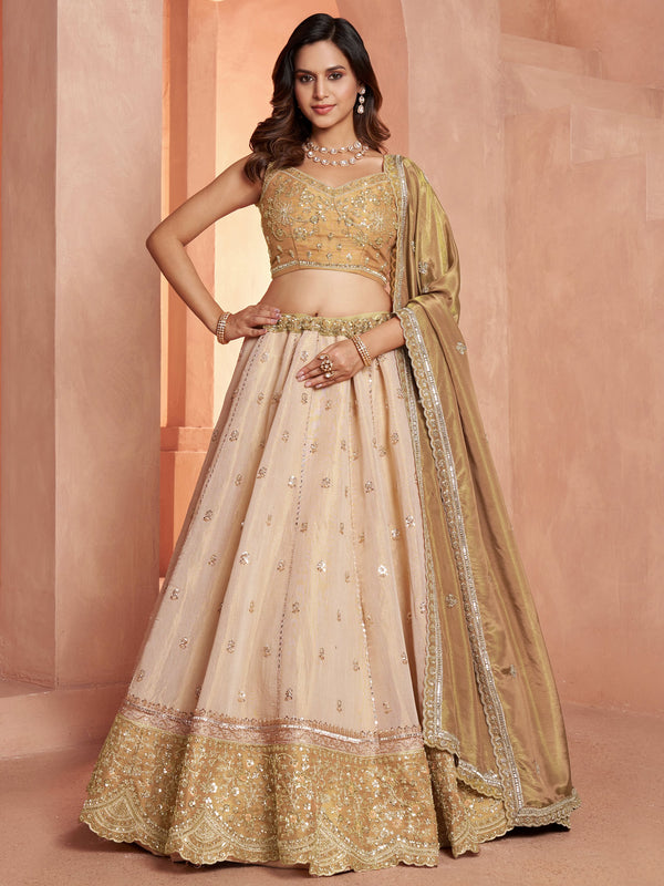 Elegant Gold Embroidered Tissue Wedding Wear Lehenga Choli With Dupatta