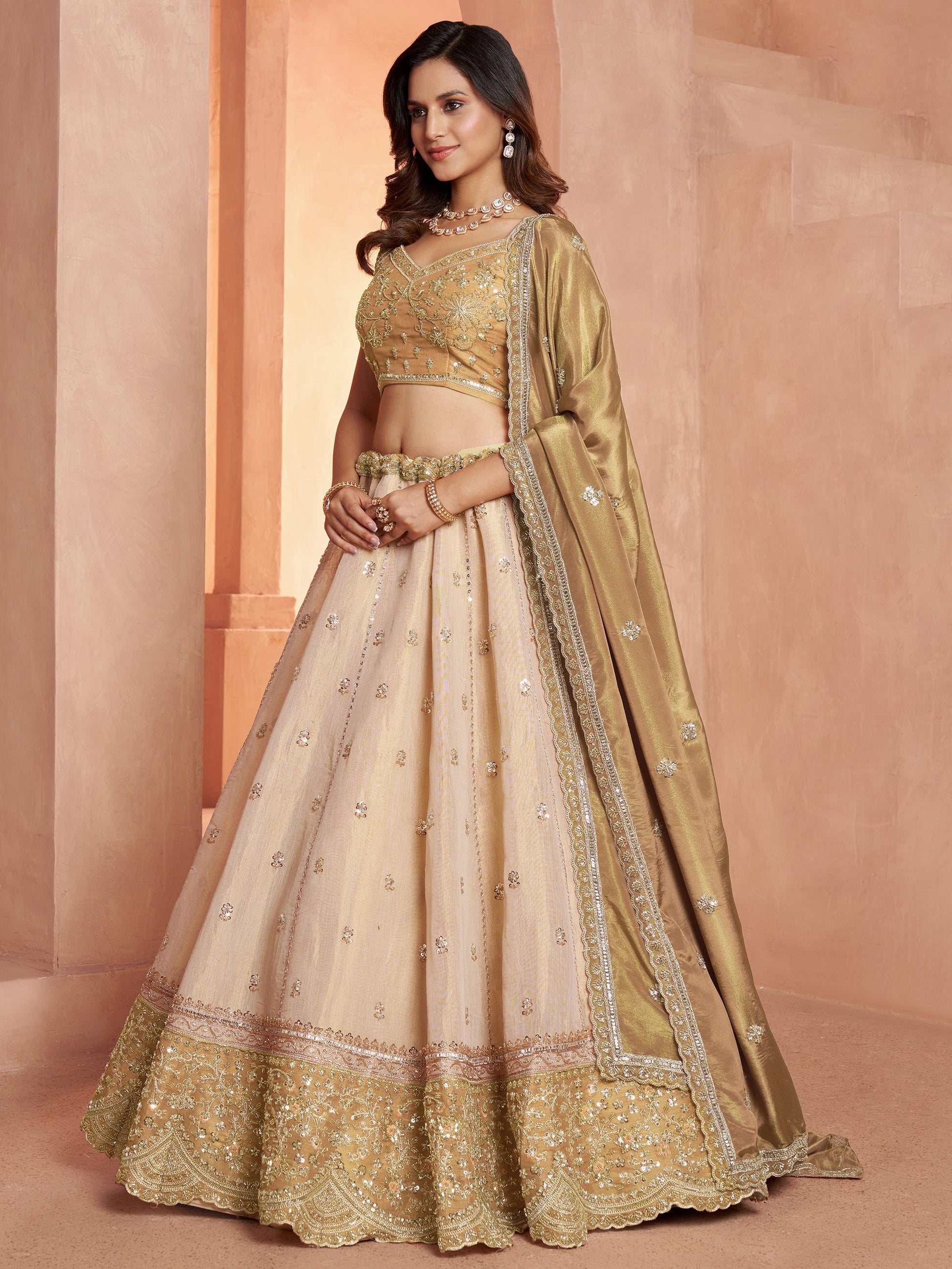 Elegant Gold Embroidered Tissue Wedding Wear Lehenga Choli With Dupatta