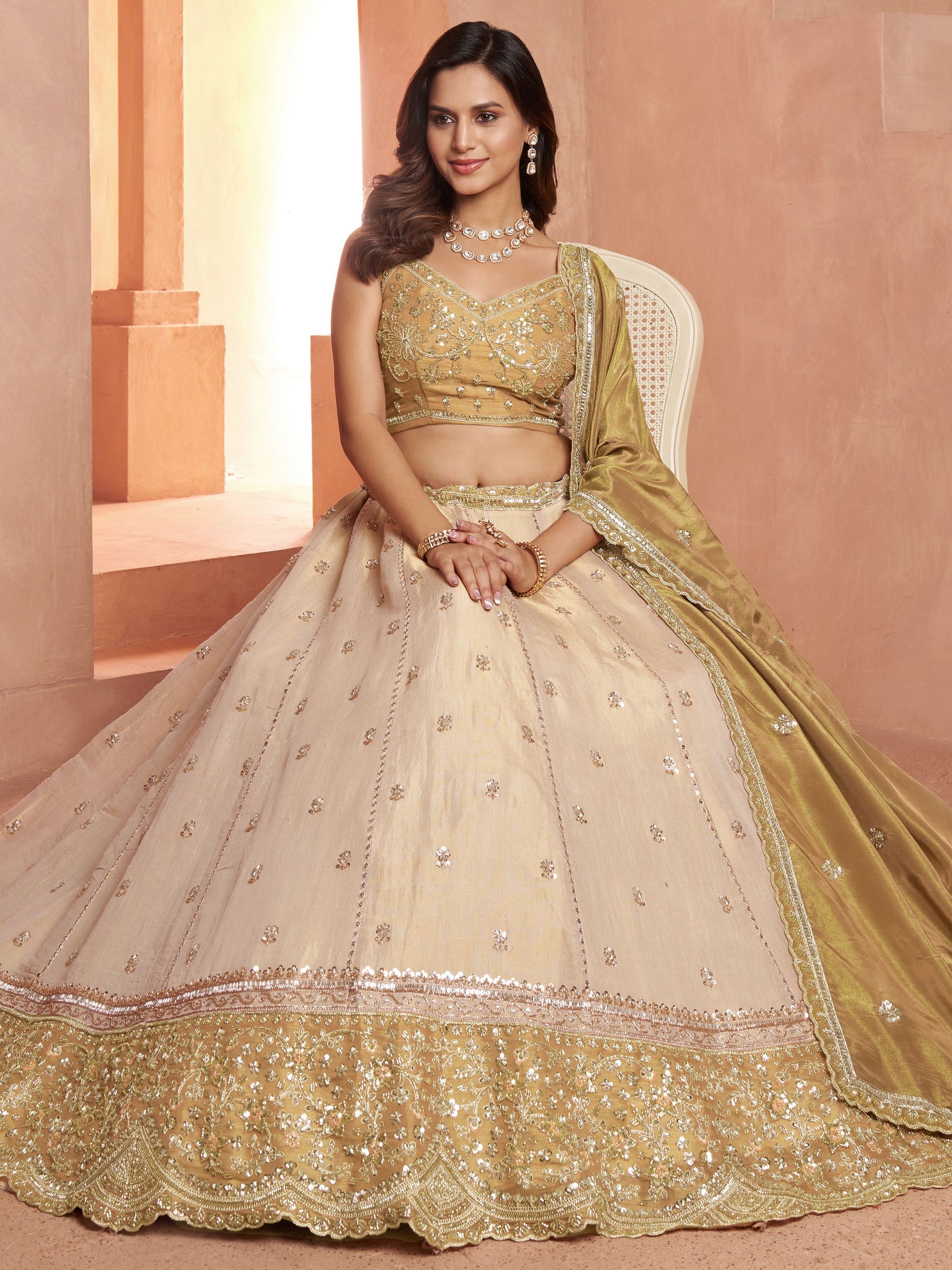Elegant Gold Embroidered Tissue Wedding Wear Lehenga Choli With Dupatta