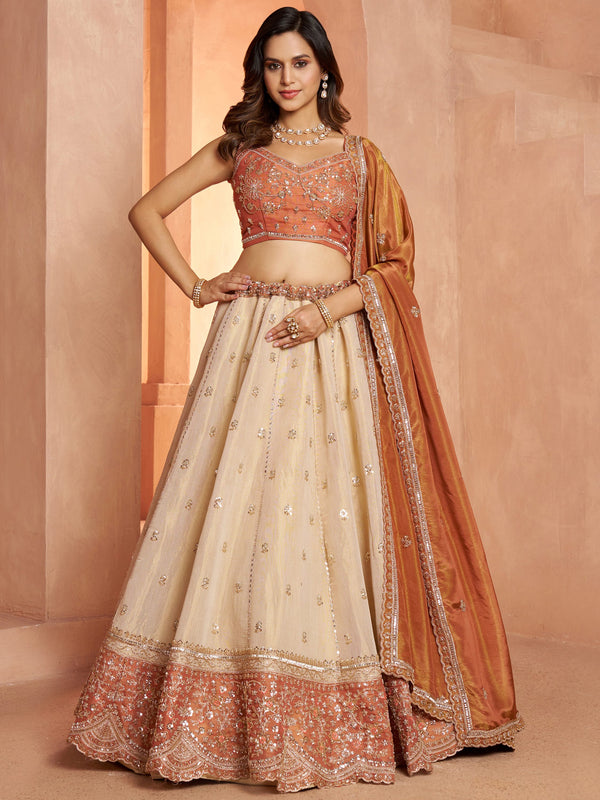 Stylish Rust Beads Work Tissue Wedding Wear Lehenga Choli With Dupatta