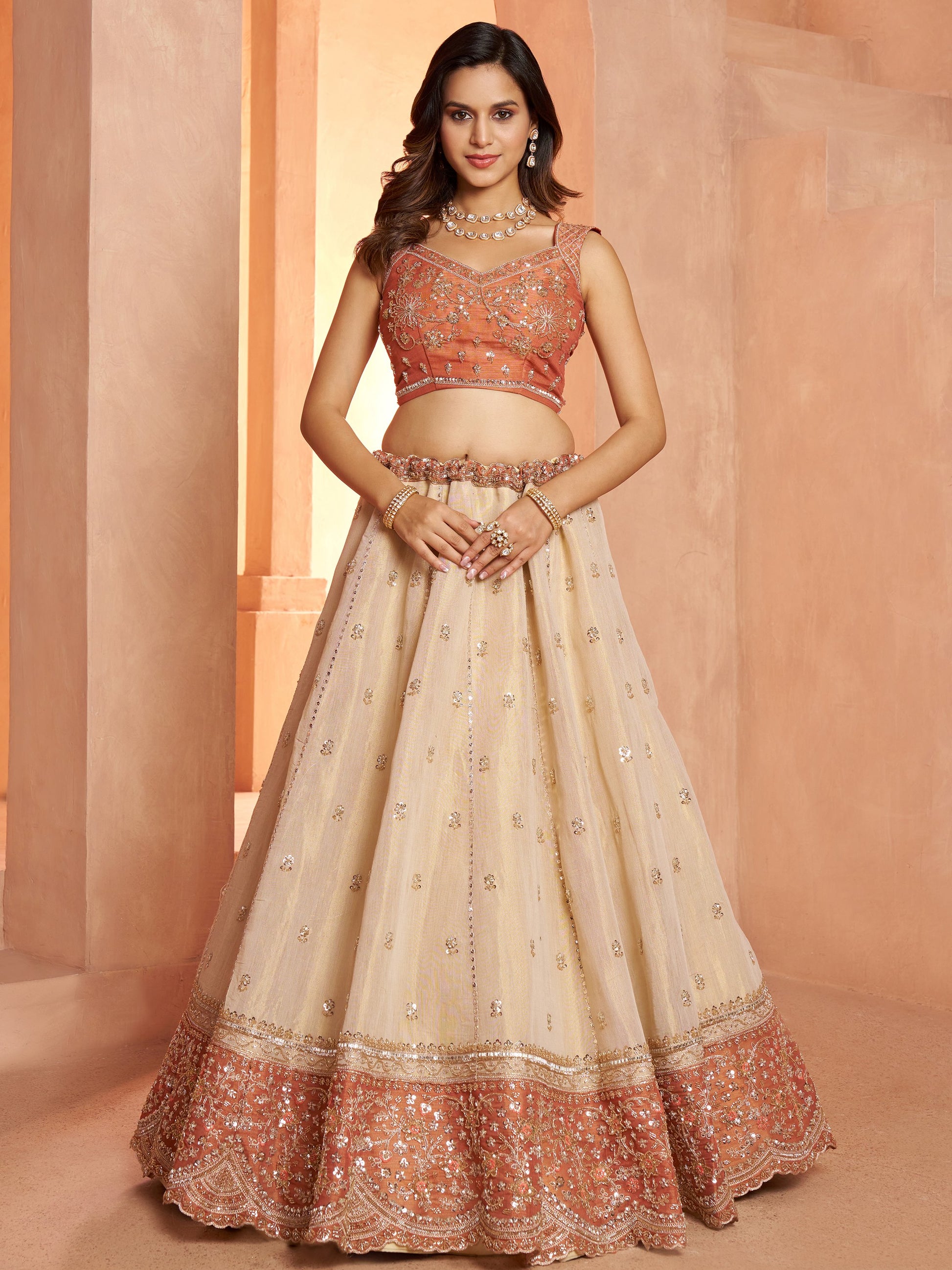 Stylish Rust Beads Work Tissue Wedding Wear Lehenga Choli With Dupatta