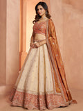 Stylish Rust Beads Work Tissue Wedding Wear Lehenga Choli With Dupatta