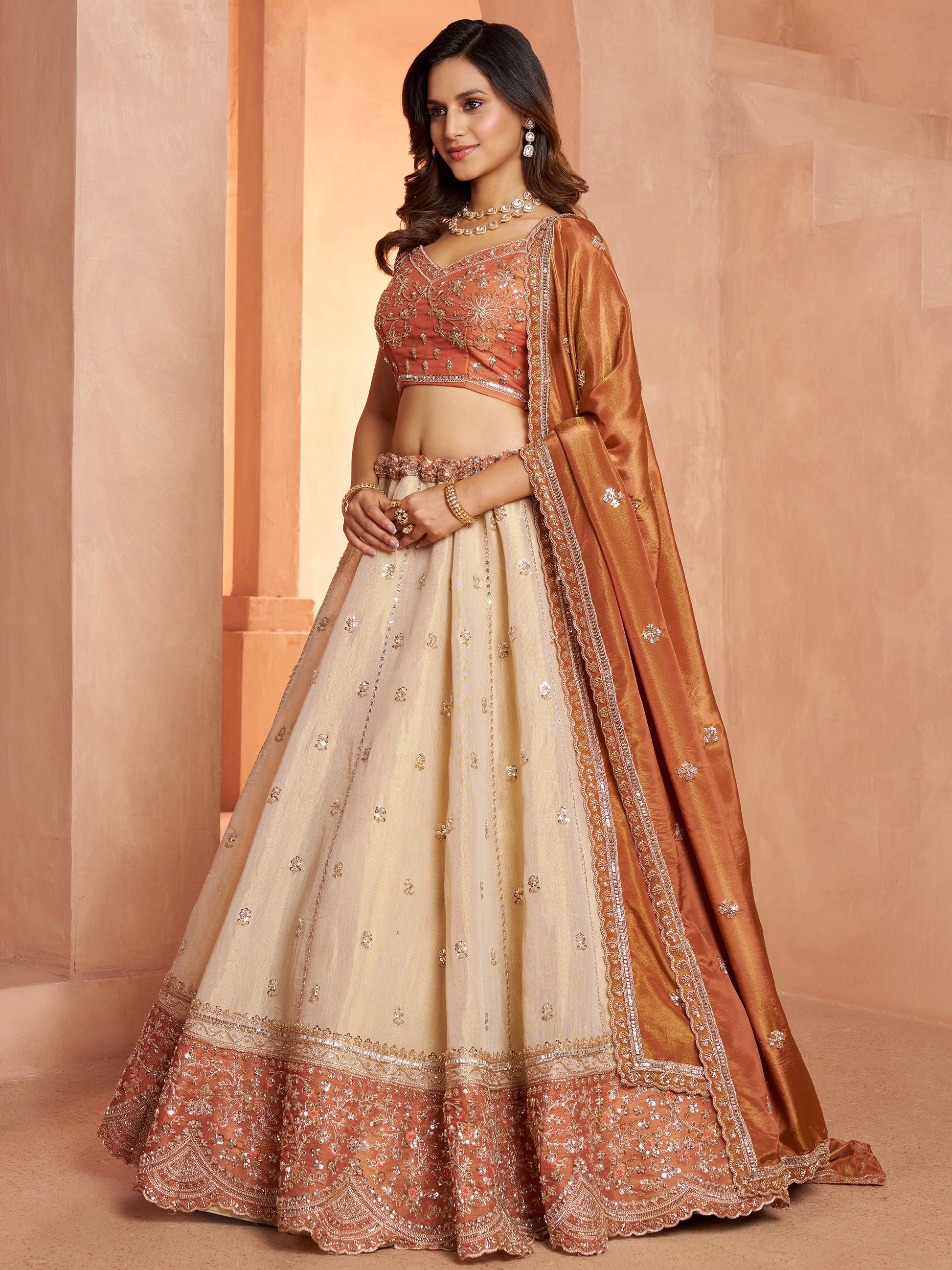 Stylish Rust Beads Work Tissue Wedding Wear Lehenga Choli With Dupatta