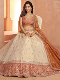 Stylish Rust Beads Work Tissue Wedding Wear Lehenga Choli With Dupatta