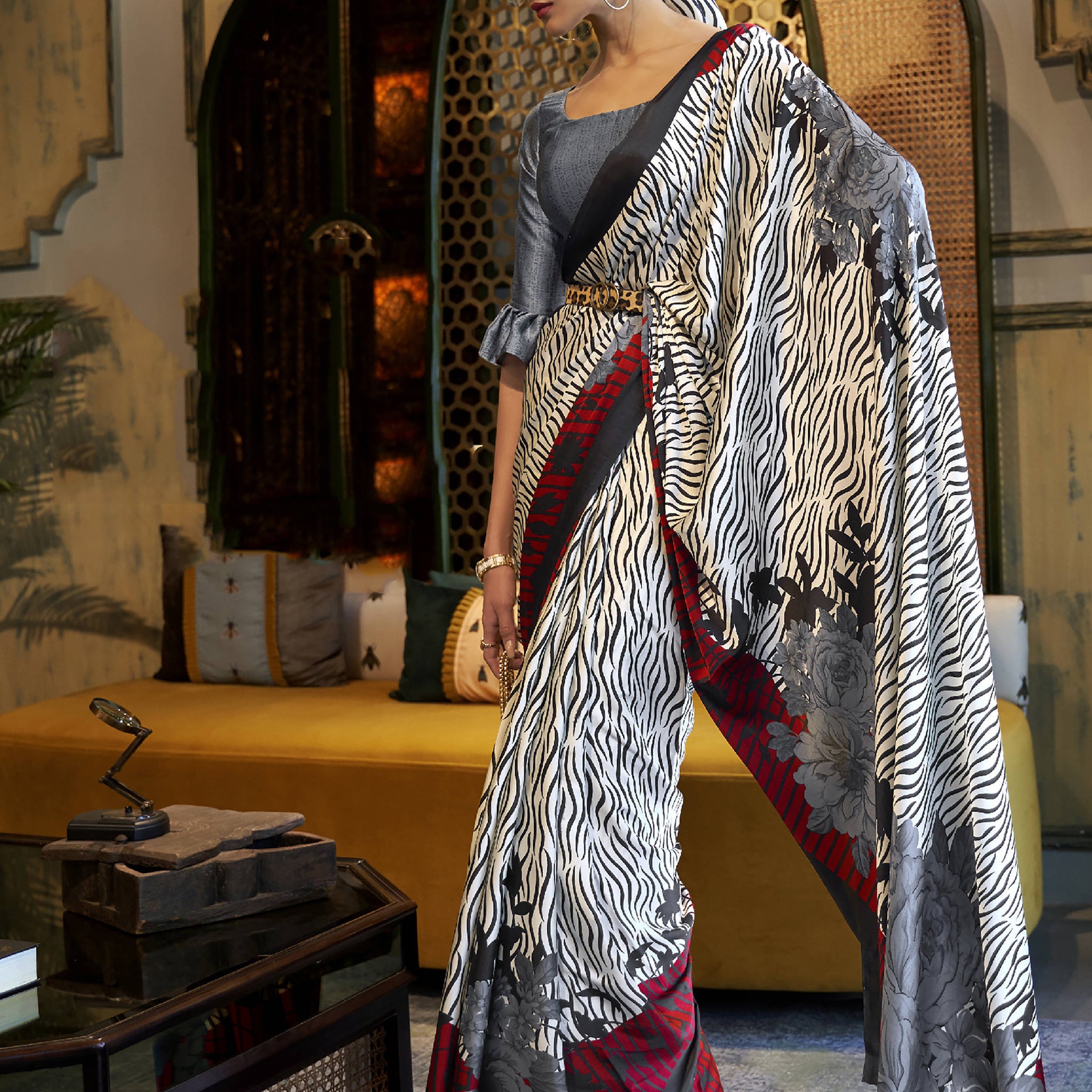 Stunning Black and White Printed Satin Party Wear Saree With Blouse