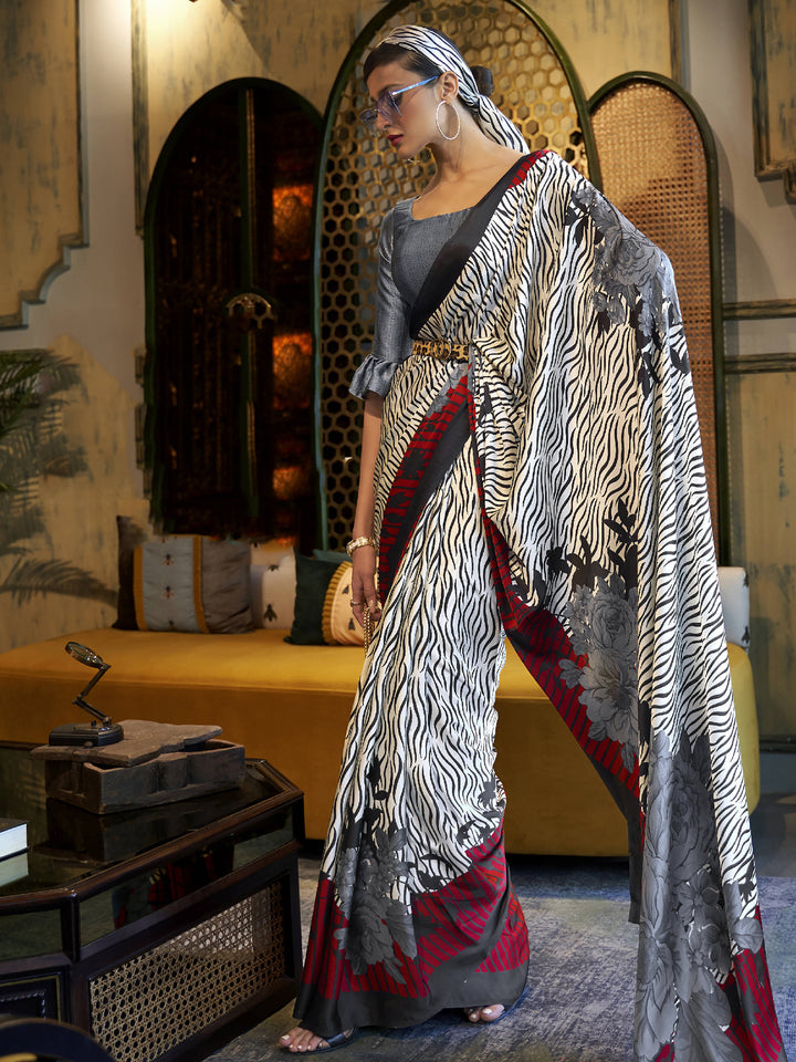Stunning Black and White Printed Satin Party Wear Saree With Blouse