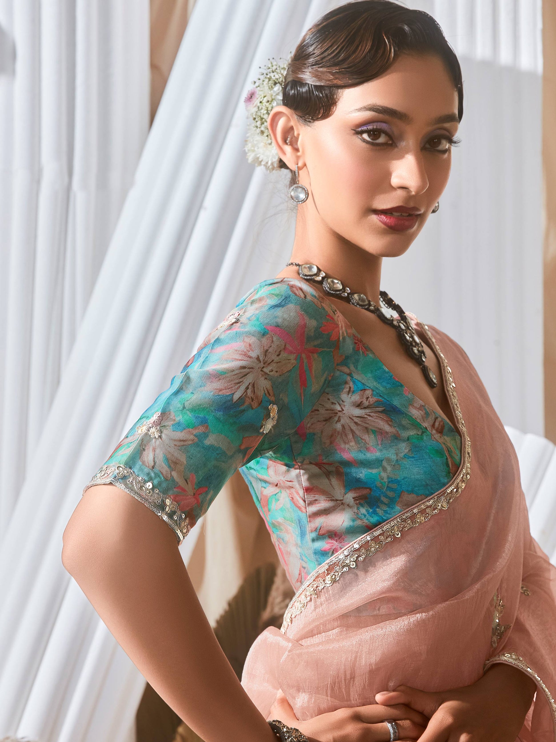 Pretty Peach Sequins Work Organza Reception Wear Saree With Blouse