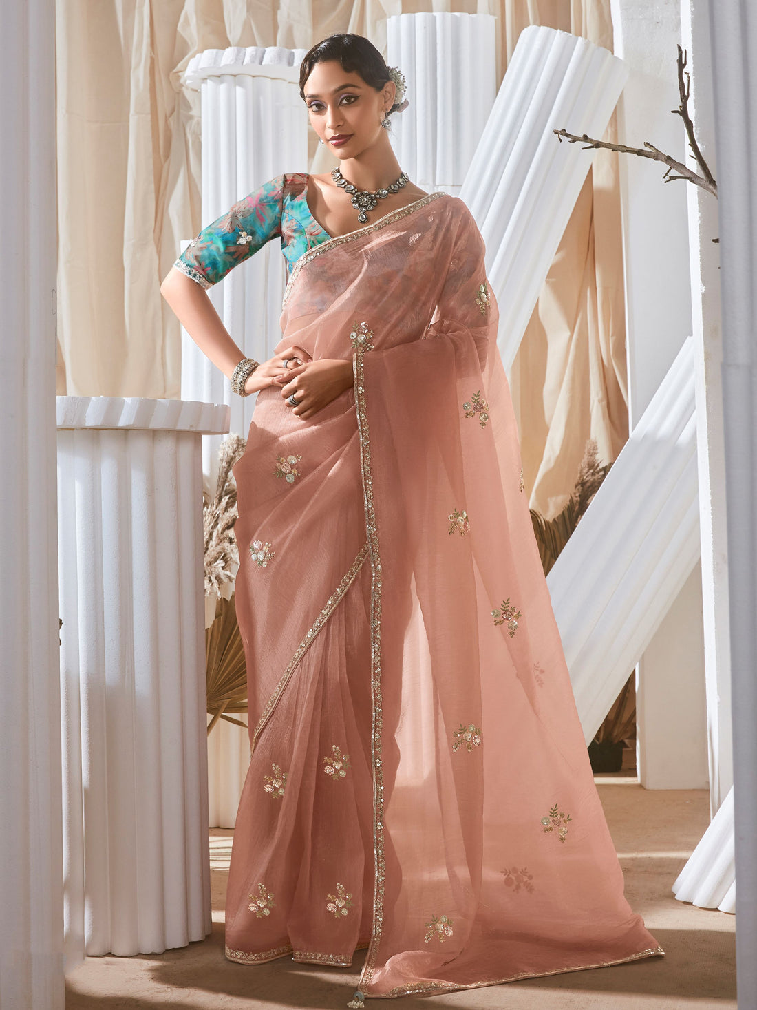 Pretty Peach Sequins Work Organza Reception Wear Saree With Blouse