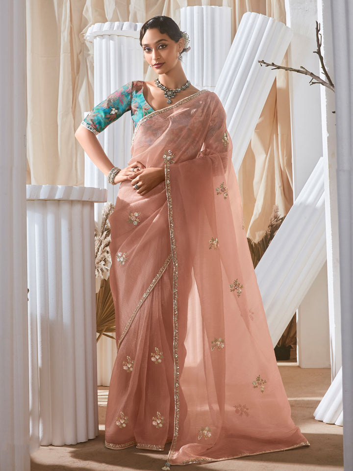 Pretty Peach Sequins Work Organza Reception Wear Saree With Blouse