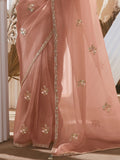 Pretty Peach Sequins Work Organza Reception Wear Saree With Blouse