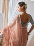 Pretty Peach Sequins Work Organza Reception Wear Saree With Blouse