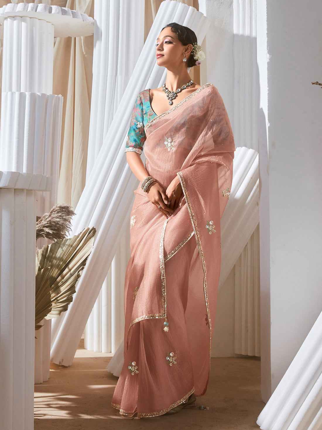 Pretty Peach Sequins Work Organza Reception Wear Saree With Blouse