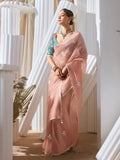 Pretty Peach Sequins Work Organza Reception Wear Saree With Blouse