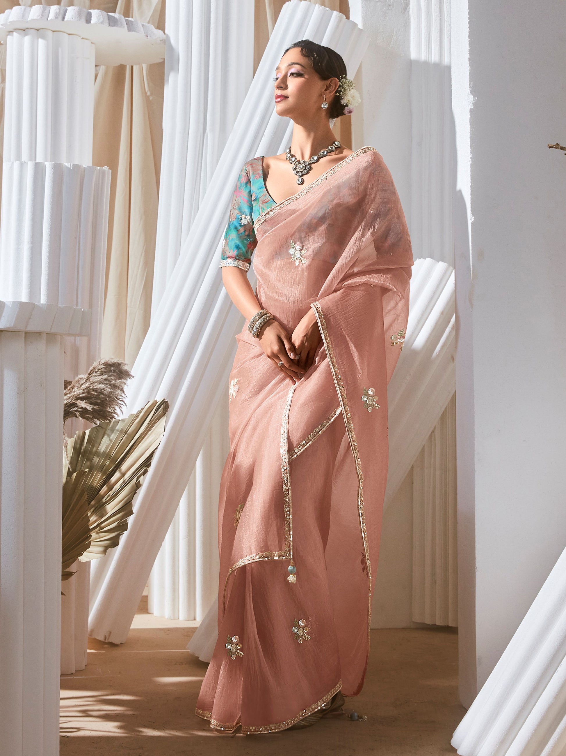 Pretty Peach Sequins Work Organza Reception Wear Saree With Blouse