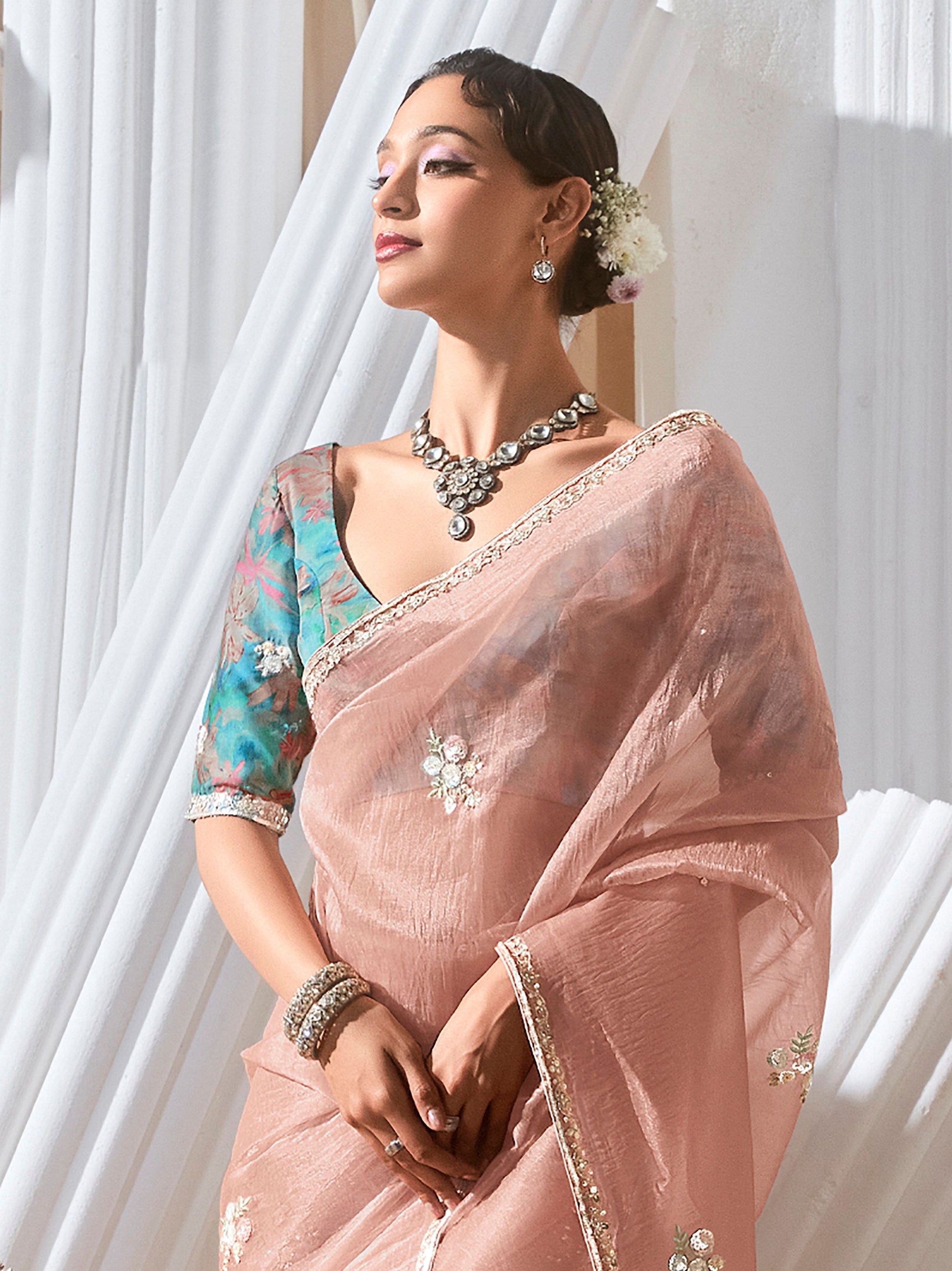 Pretty Peach Sequins Work Organza Reception Wear Saree With Blouse