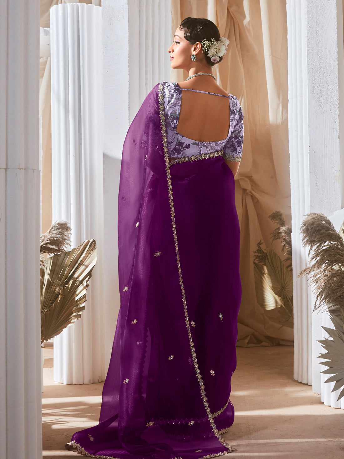 Fetching Purple Thread Work Organza Wedding Wear Saree With Blouse