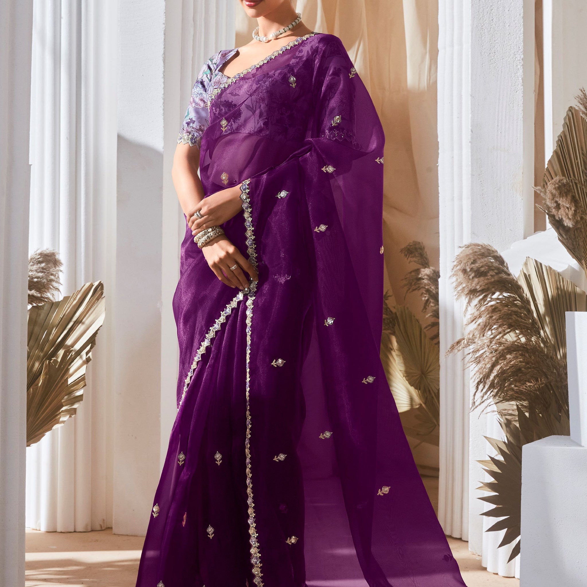 Fetching Purple Thread Work Organza Wedding Wear Saree With Blouse