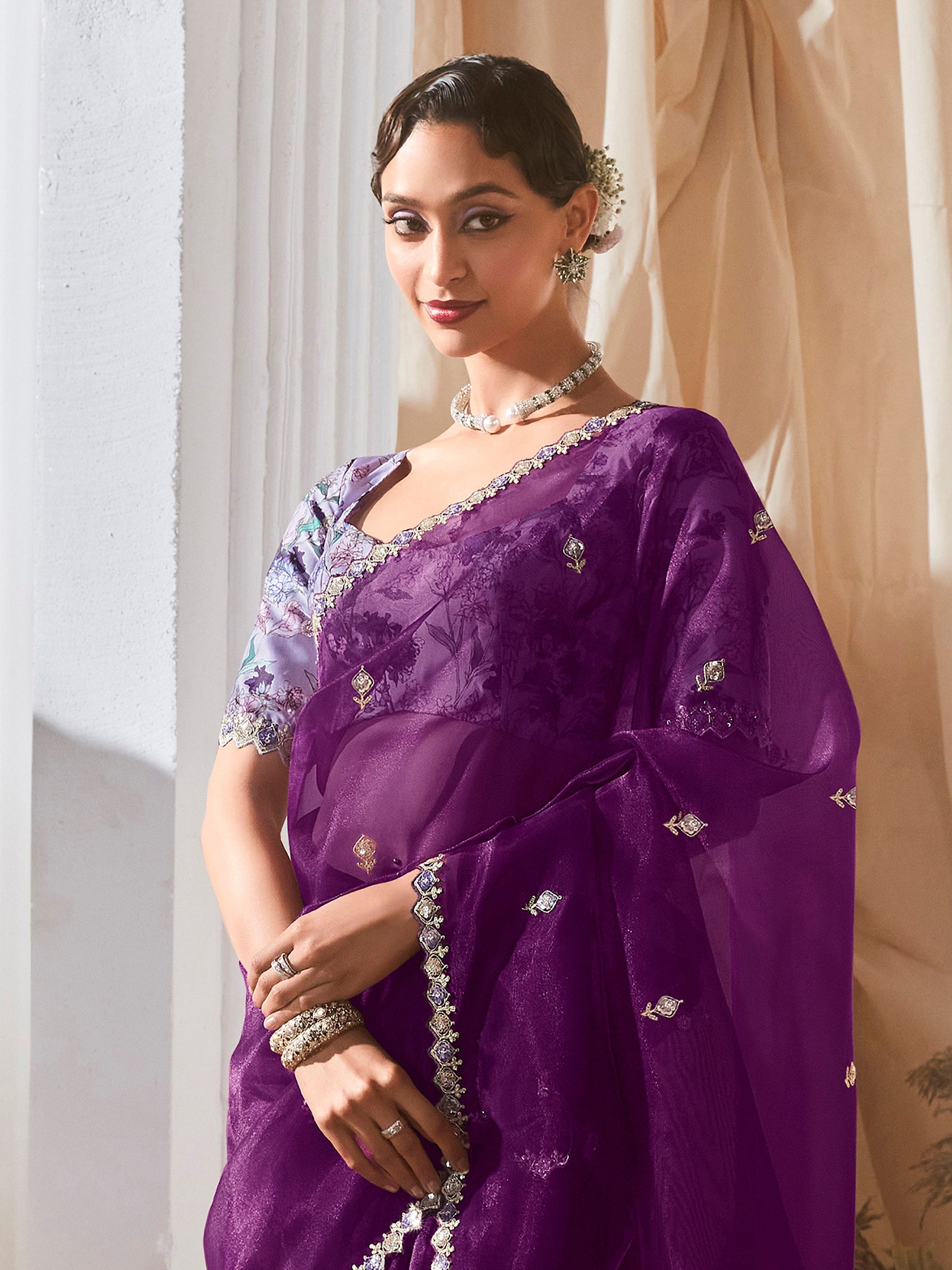 Fetching Purple Thread Work Organza Wedding Wear Saree With Blouse