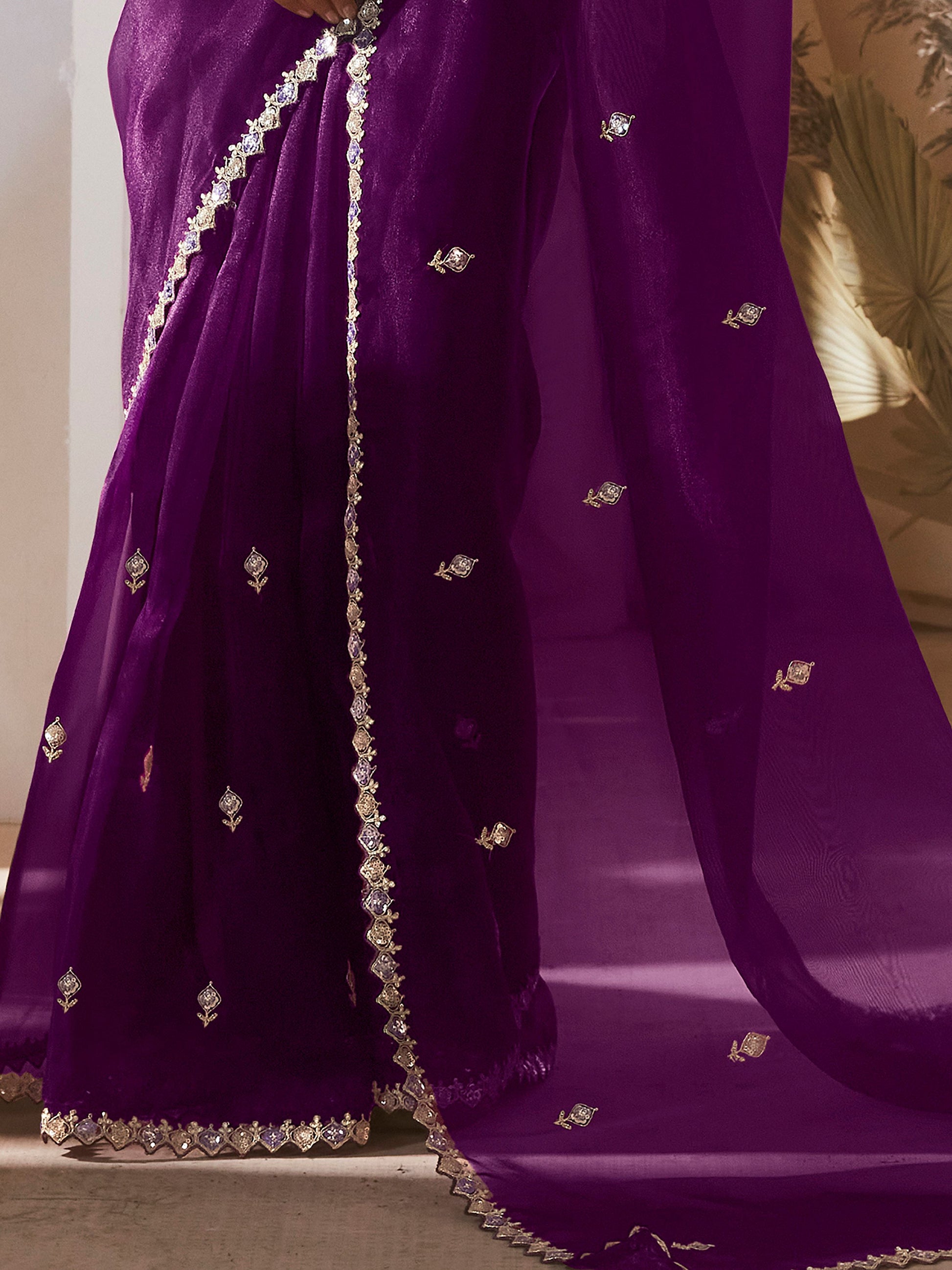 Fetching Purple Thread Work Organza Wedding Wear Saree With Blouse