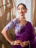 Fetching Purple Thread Work Organza Wedding Wear Saree With Blouse
