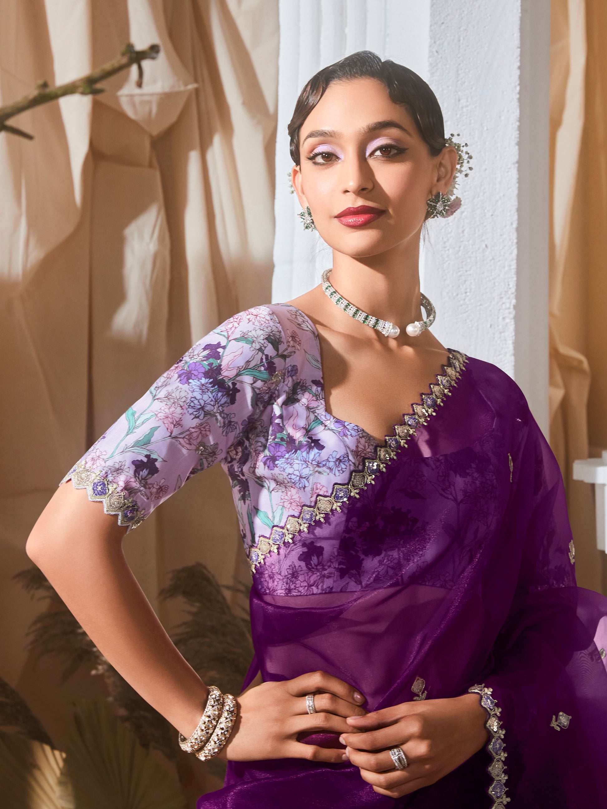 Fetching Purple Thread Work Organza Wedding Wear Saree With Blouse