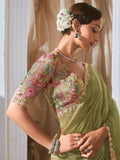 Delightful Sea Green Sequins Organza Mehendi Wear Saree With Blouse