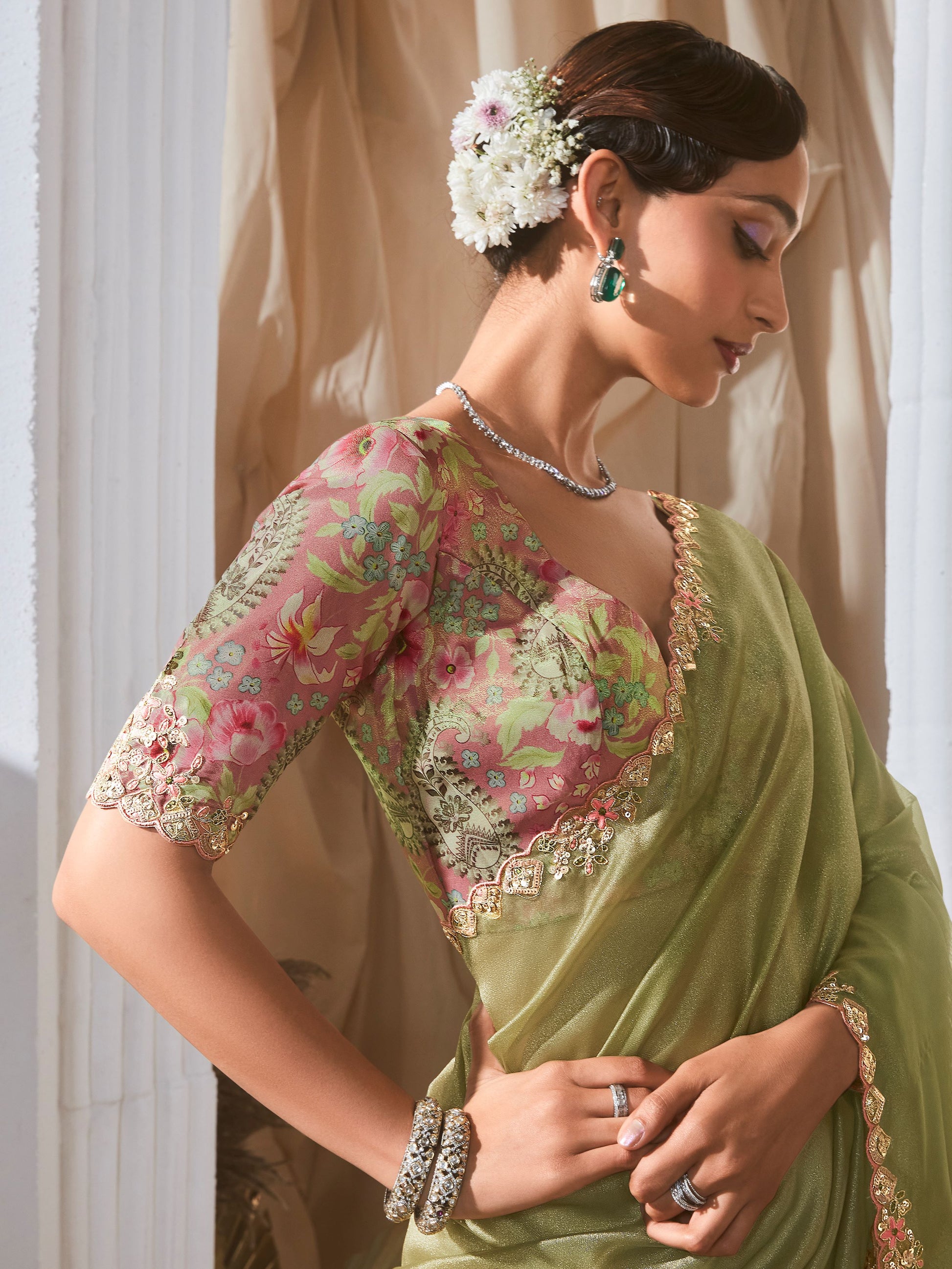 Delightful Sea Green Sequins Organza Mehendi Wear Saree With Blouse