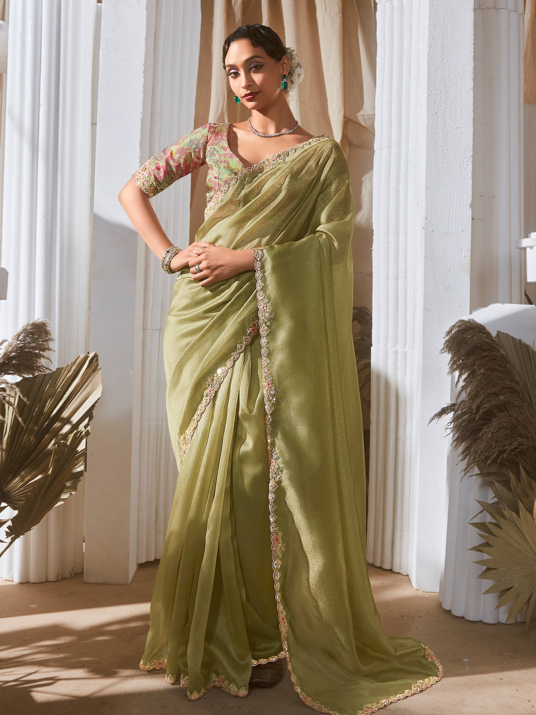 Delightful Sea Green Sequins Organza Mehendi Wear Saree With Blouse