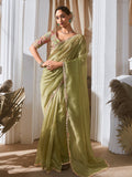Delightful Sea Green Sequins Organza Mehendi Wear Saree With Blouse