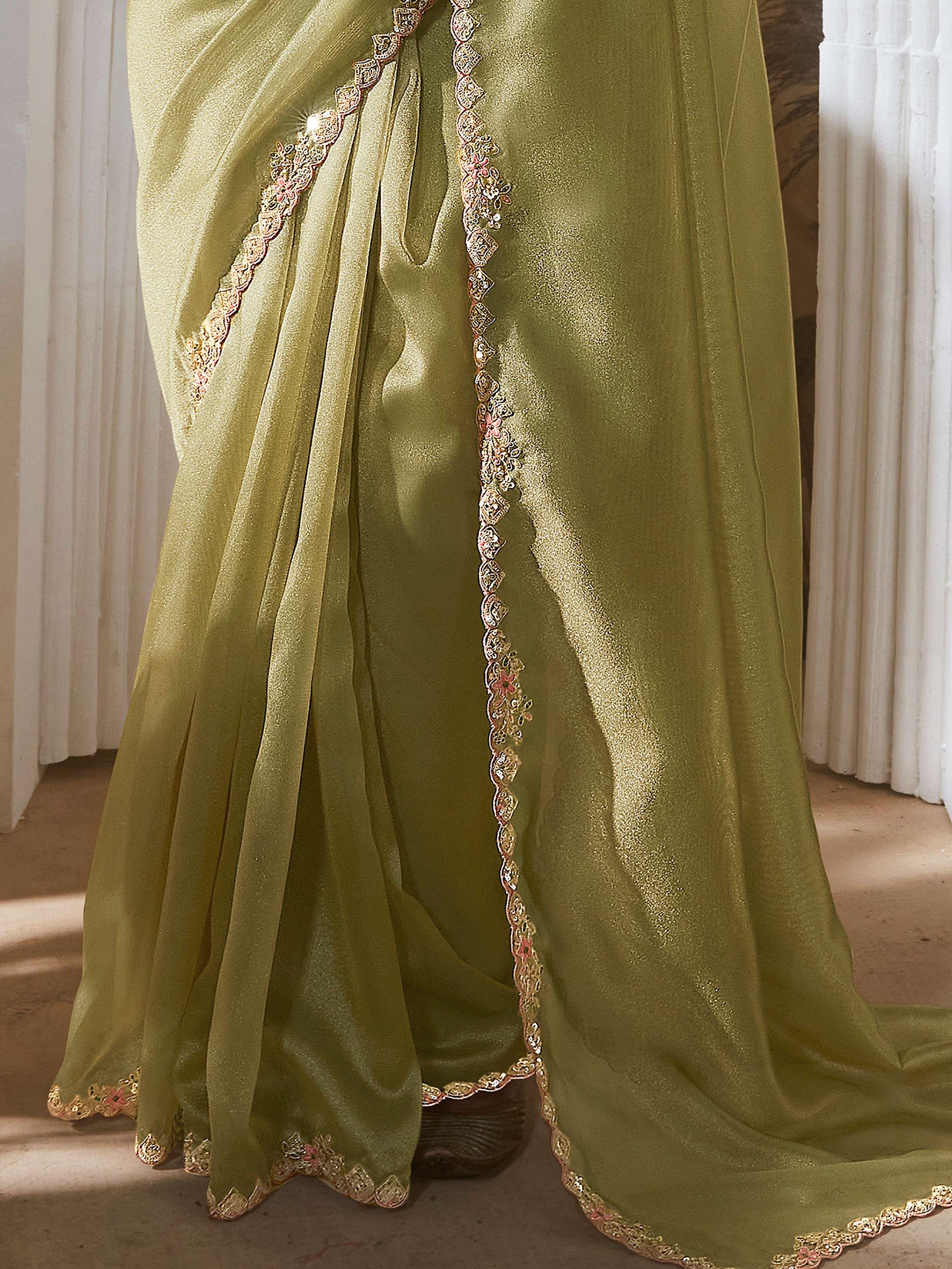 Delightful Sea Green Sequins Organza Mehendi Wear Saree With Blouse