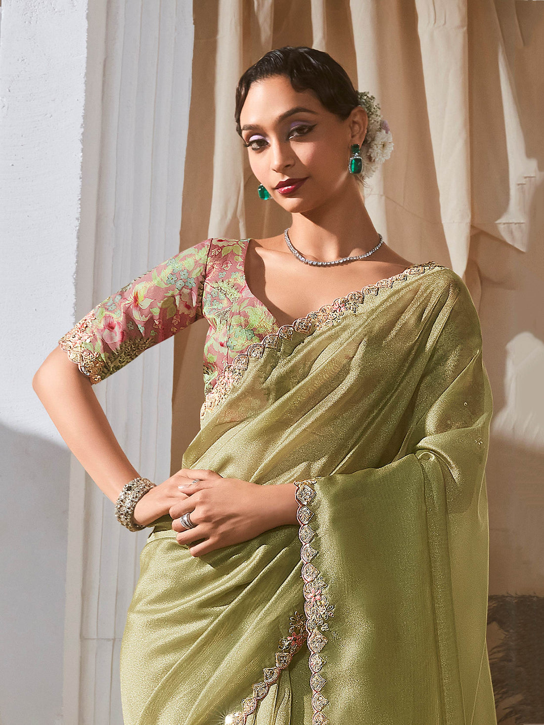 Delightful Sea Green Sequins Organza Mehendi Wear Saree With Blouse
