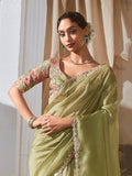 Delightful Sea Green Sequins Organza Mehendi Wear Saree With Blouse