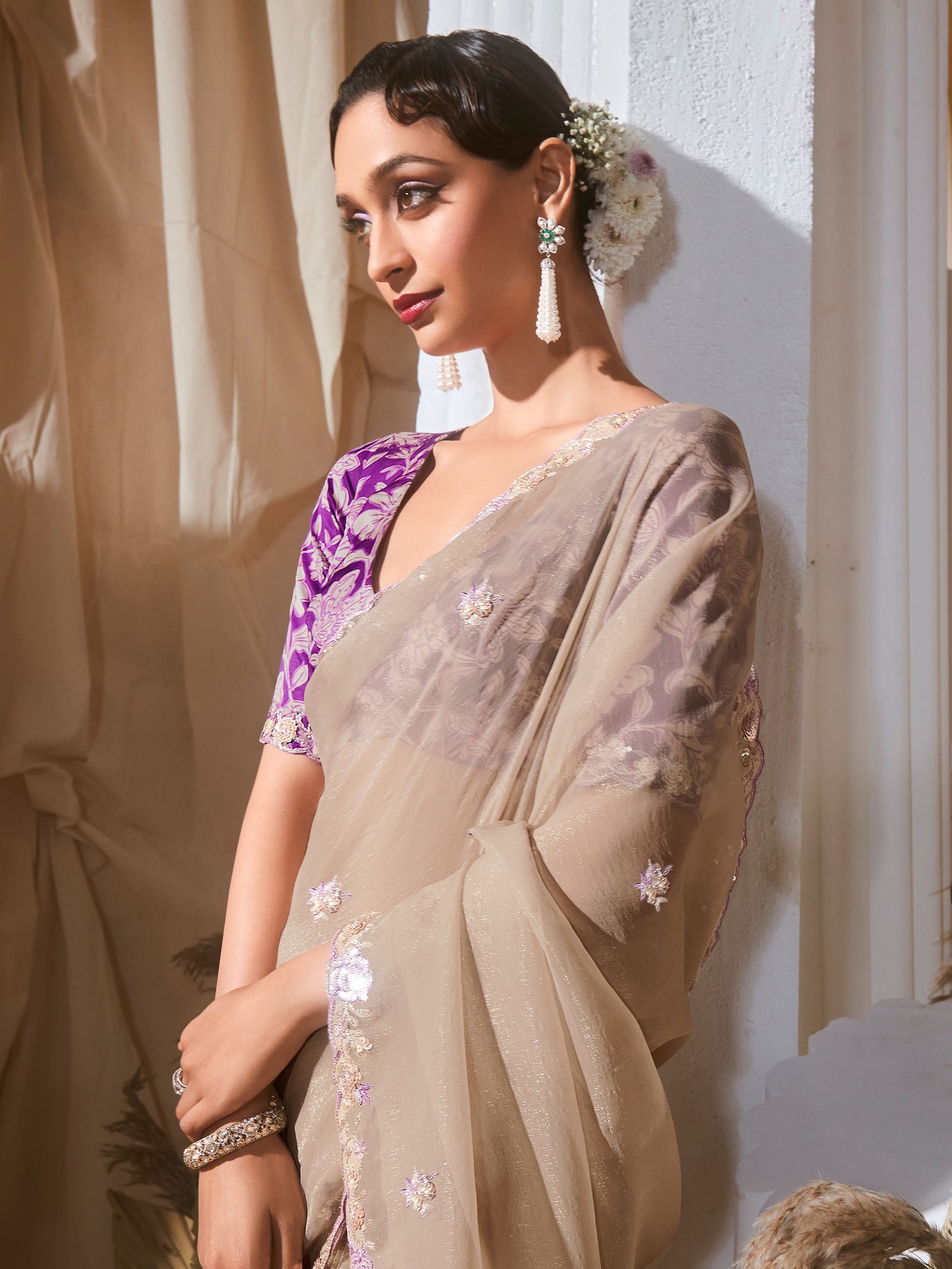 Winsome Beige Floral Embroidery Organza Festive Wear Saree With Blouse