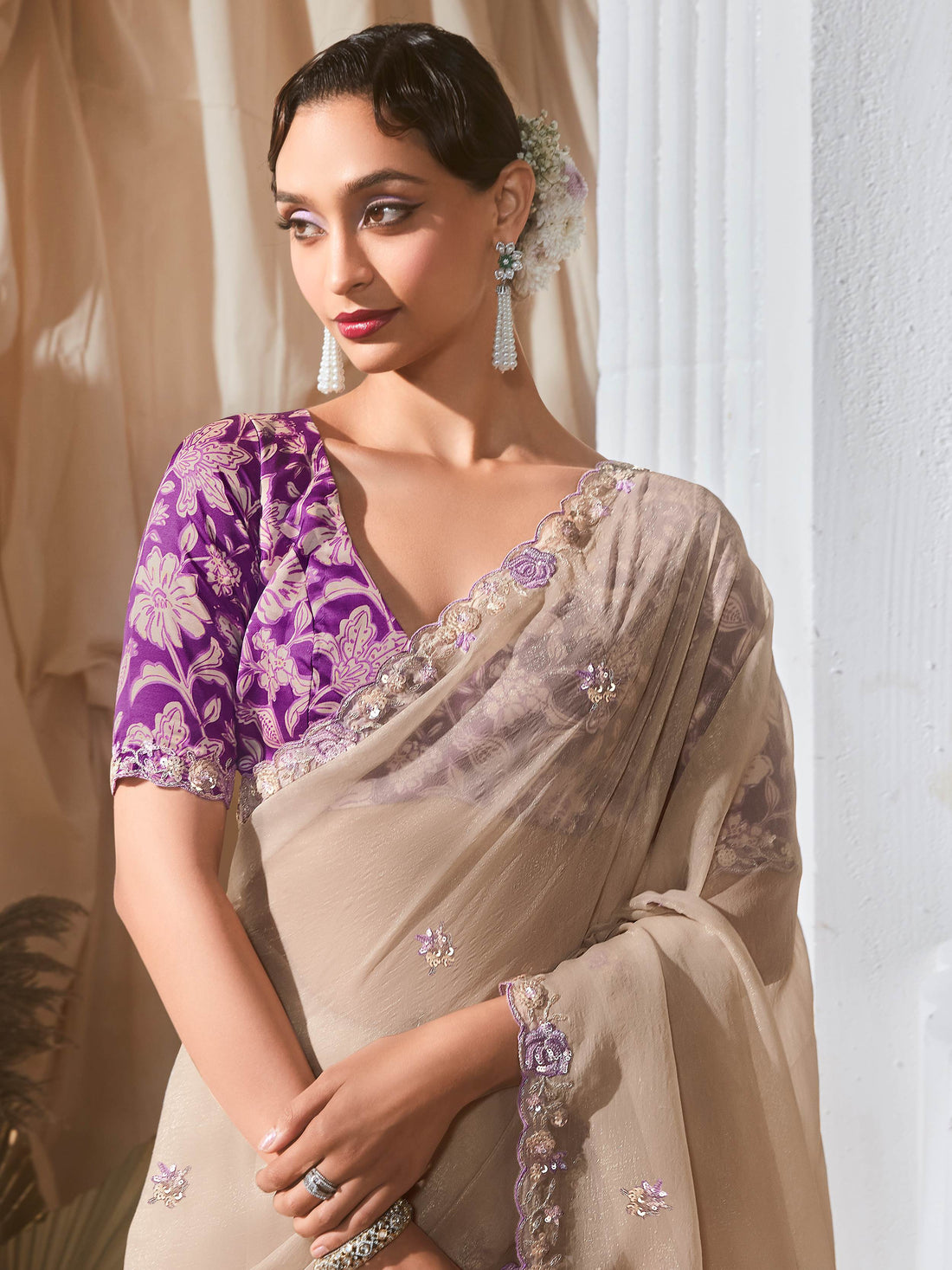 Winsome Beige Floral Embroidery Organza Festive Wear Saree With Blouse