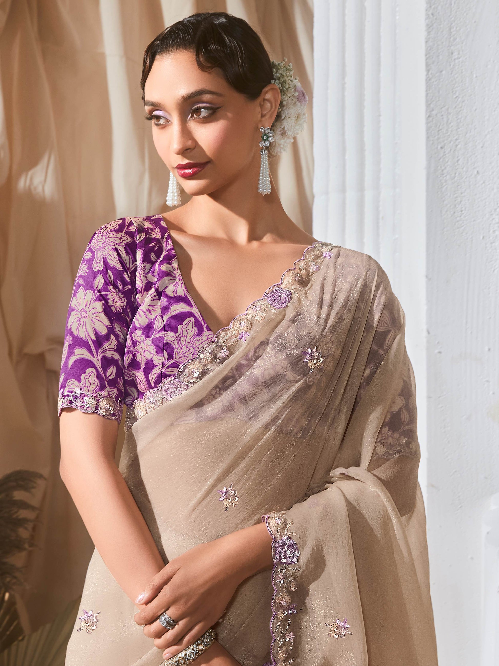 Winsome Beige Floral Embroidery Organza Festive Wear Saree With Blouse