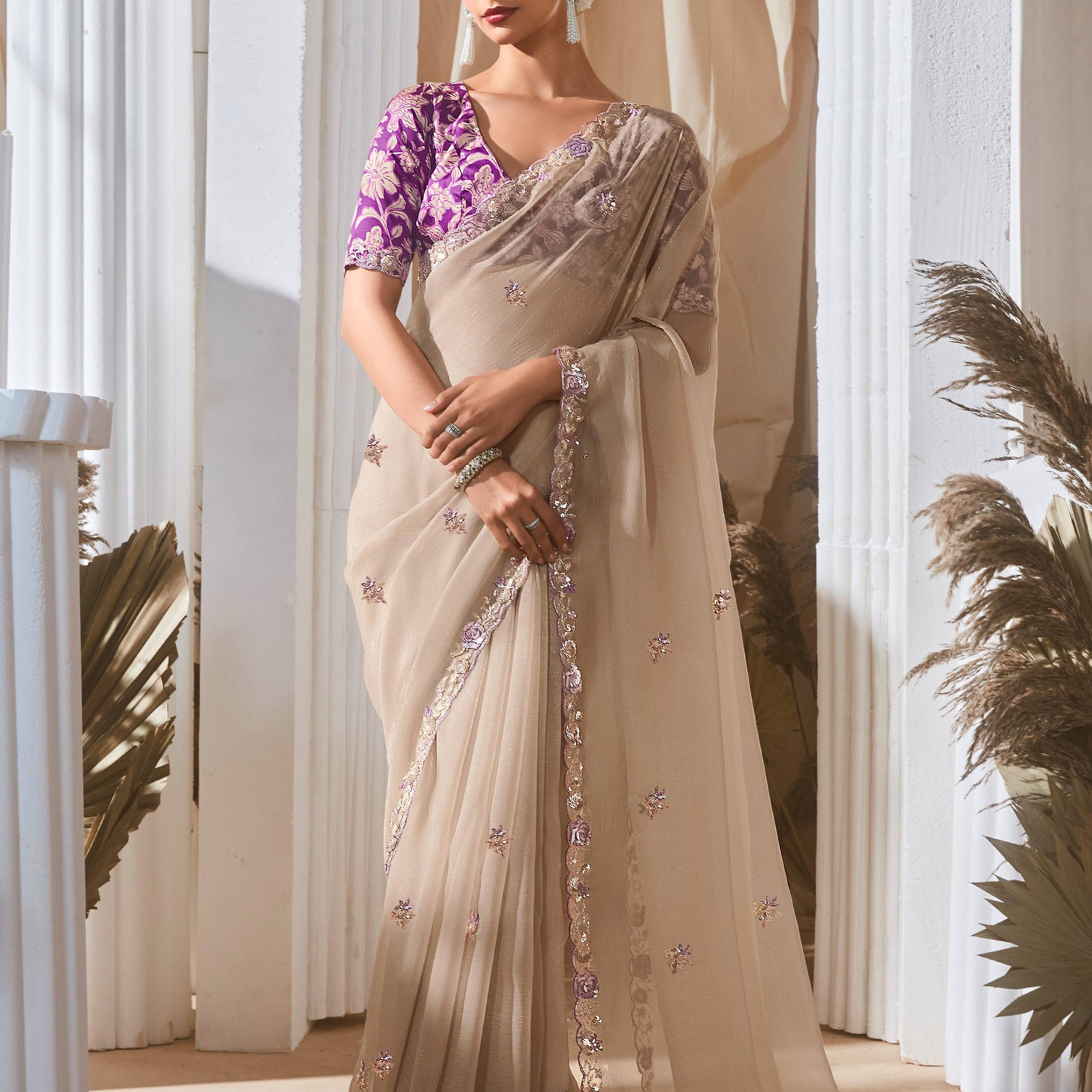 Winsome Beige Floral Embroidery Organza Festive Wear Saree With Blouse