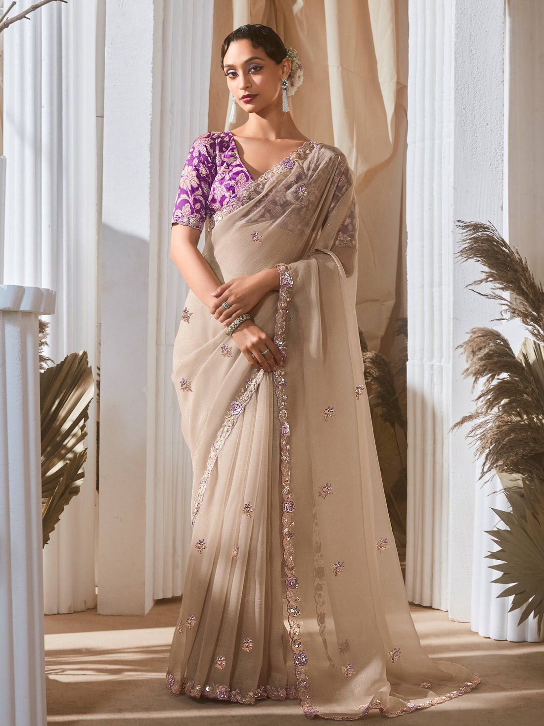 Winsome Beige Floral Embroidery Organza Festive Wear Saree With Blouse