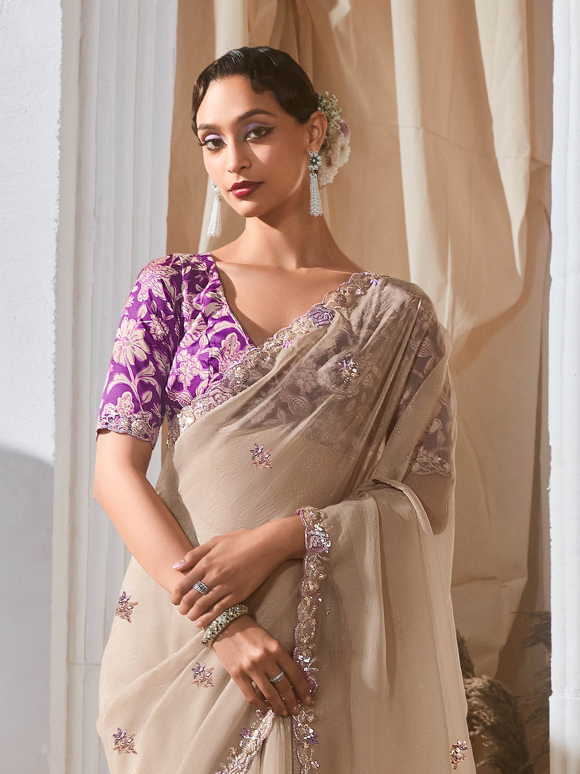 Winsome Beige Floral Embroidery Organza Festive Wear Saree With Blouse