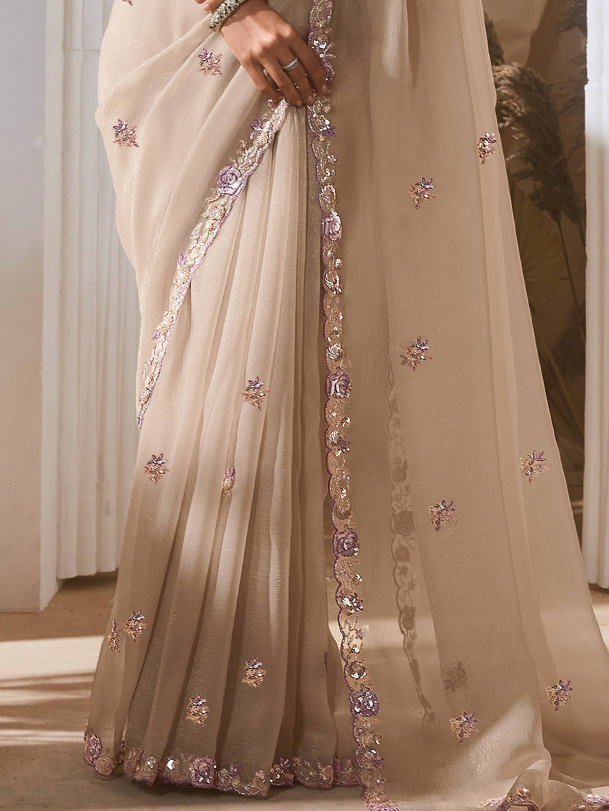 Winsome Beige Floral Embroidery Organza Festive Wear Saree With Blouse