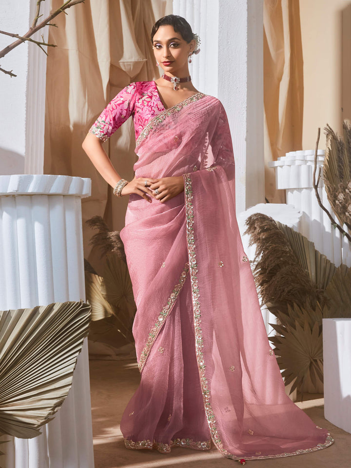 Lovable Baby Pink Sequins Embroidery Organza Party Wear Saree With Blouse