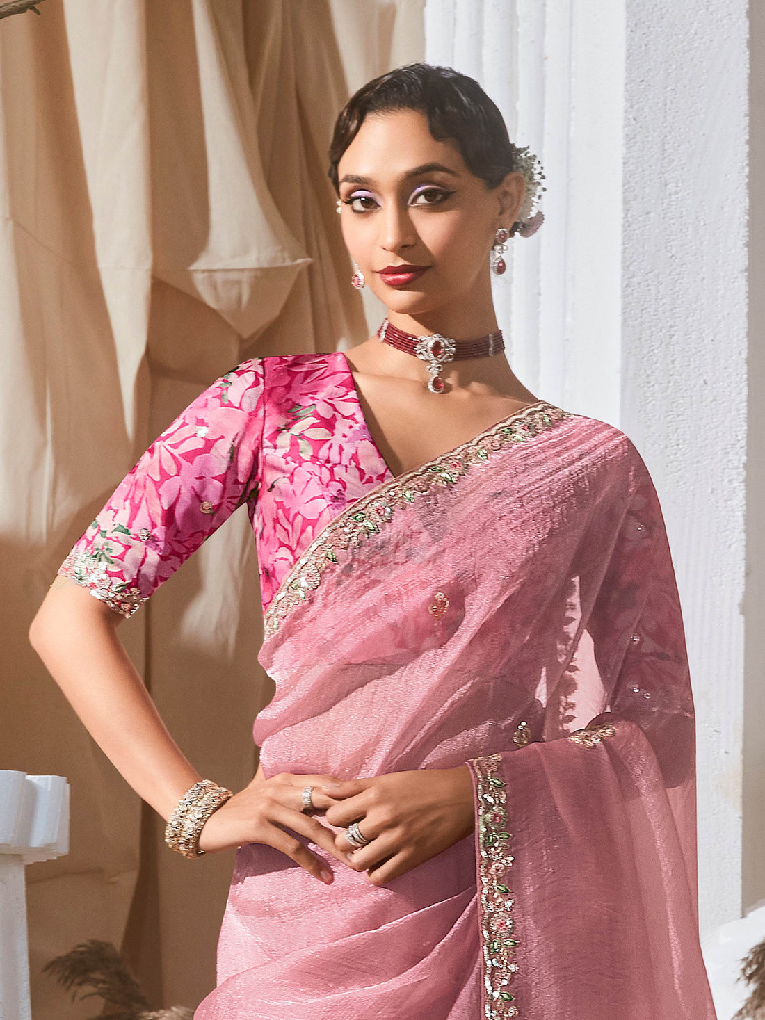 Lovable Baby Pink Sequins Embroidery Organza Party Wear Saree With Blouse
