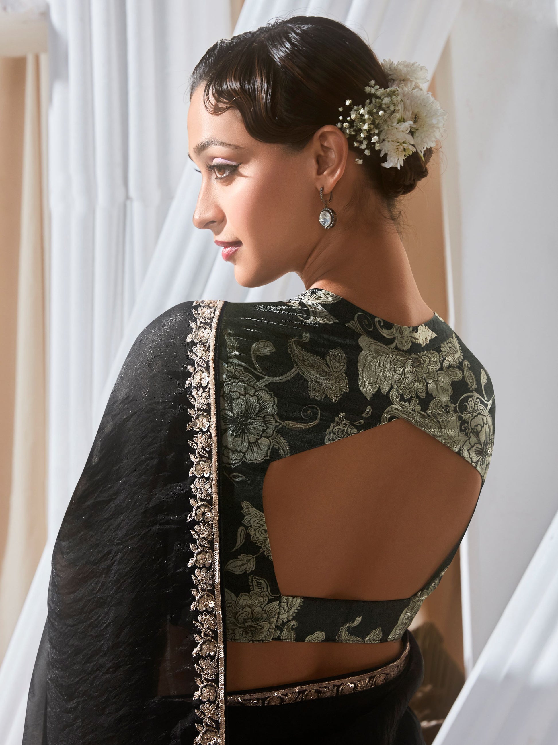 Sweet Black Border Work Organza Event Wear Saree With Blouse
