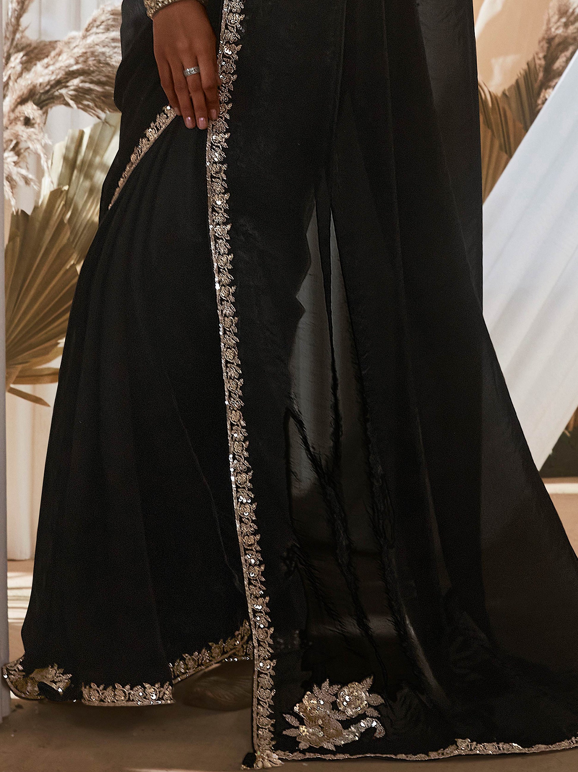 Sweet Black Border Work Organza Event Wear Saree With Blouse