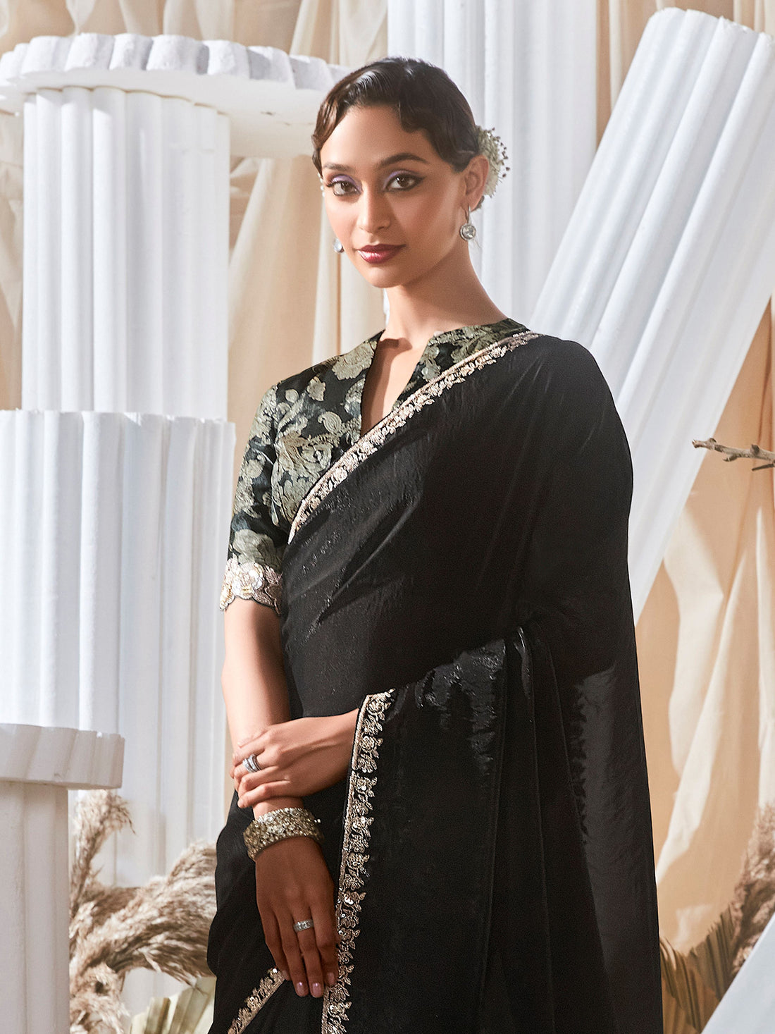 Sweet Black Border Work Organza Event Wear Saree With Blouse