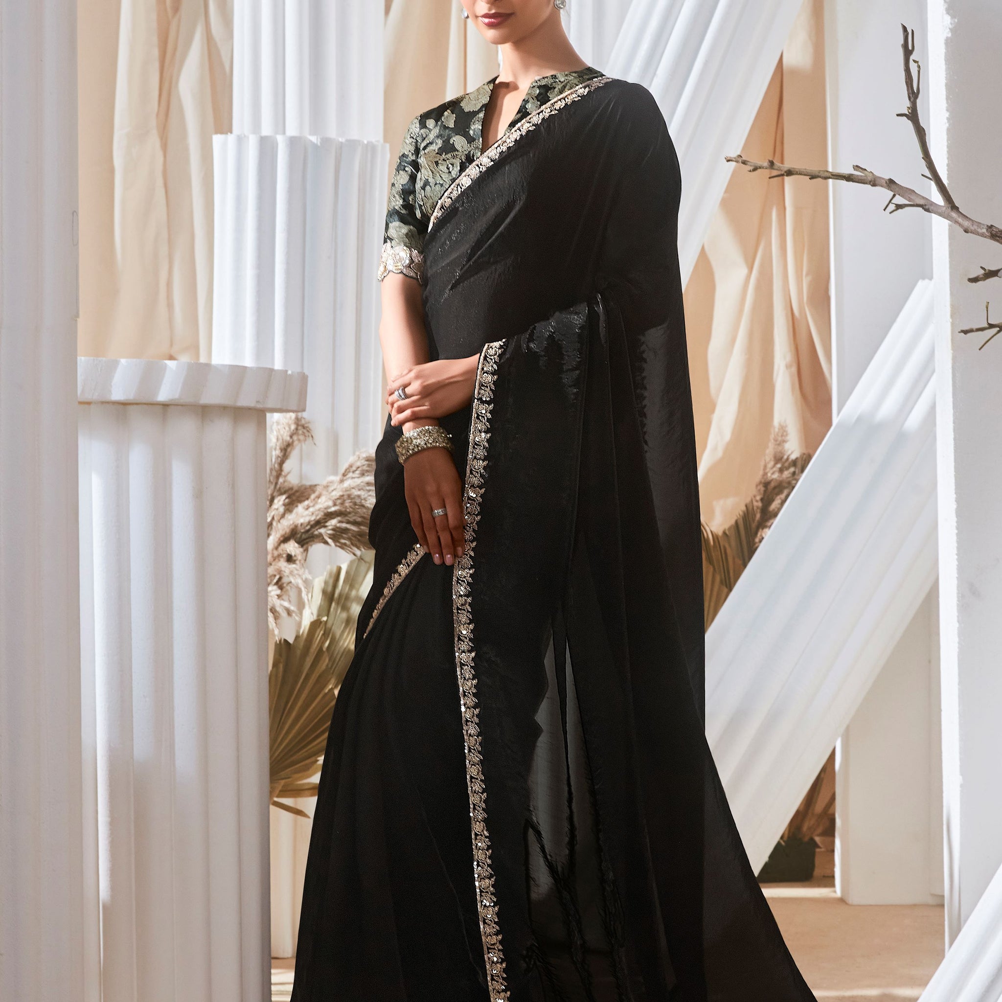 Sweet Black Border Work Organza Event Wear Saree With Blouse