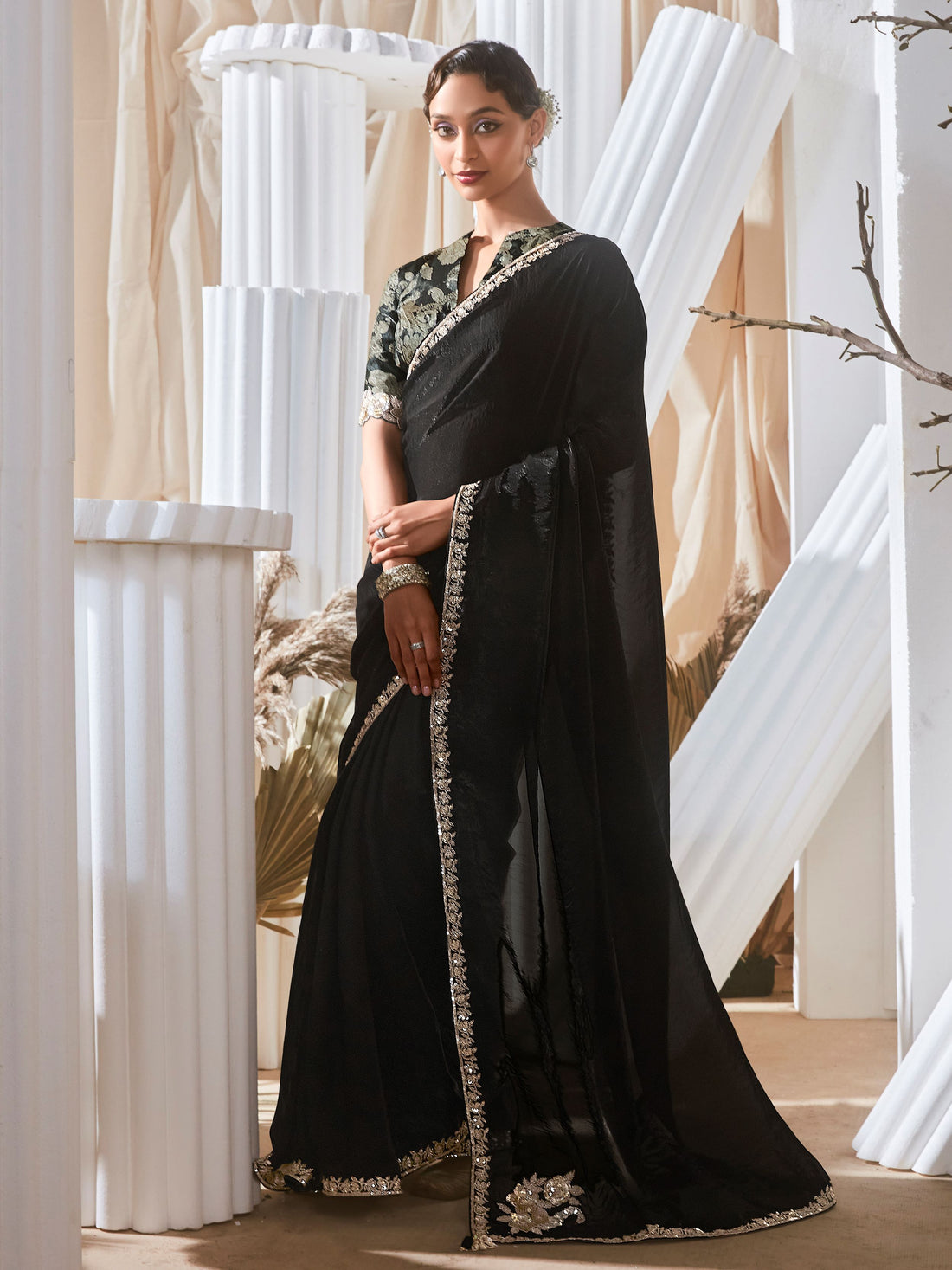 Sweet Black Border Work Organza Event Wear Saree With Blouse